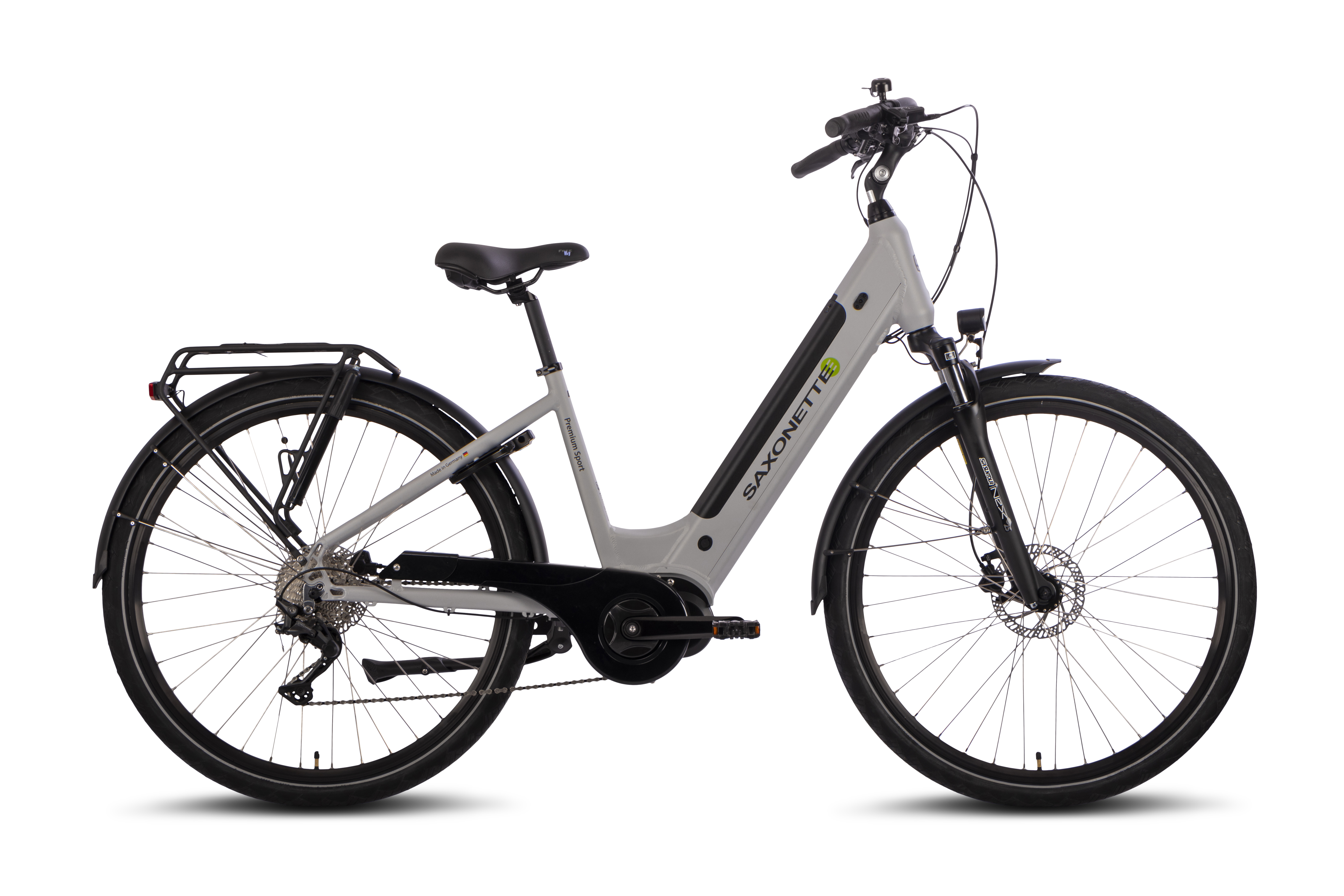 SAXONETTE Premium Sport E-Citybike 2. Wahl neuwertig Scheibenbremse Federgabel 10 Gang Wave silber matt