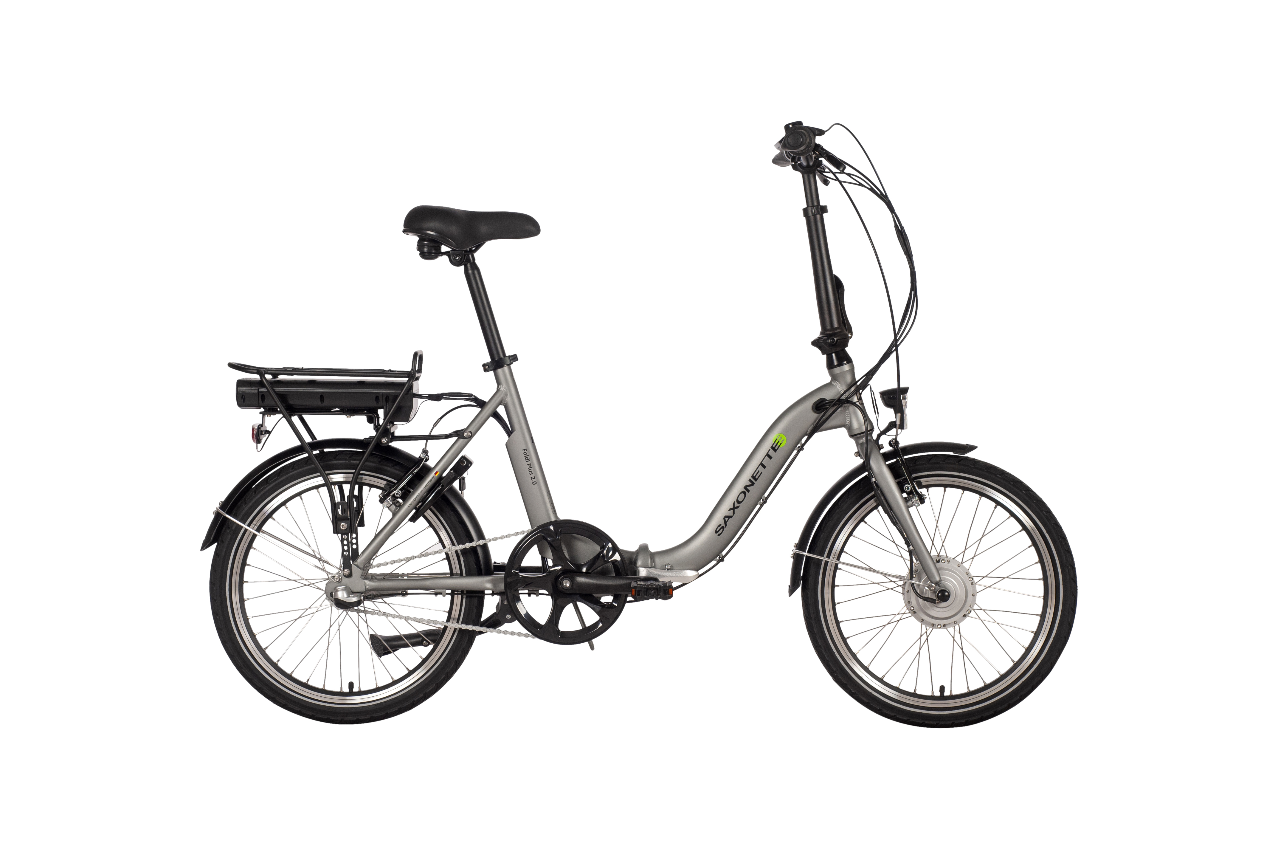 SAXXX Foldi Plus 2.0 E-Faltrad Rücktrittbremse Vorderradmotor Stahlgabel 3 Gang Nabenschaltung Wave silber matt