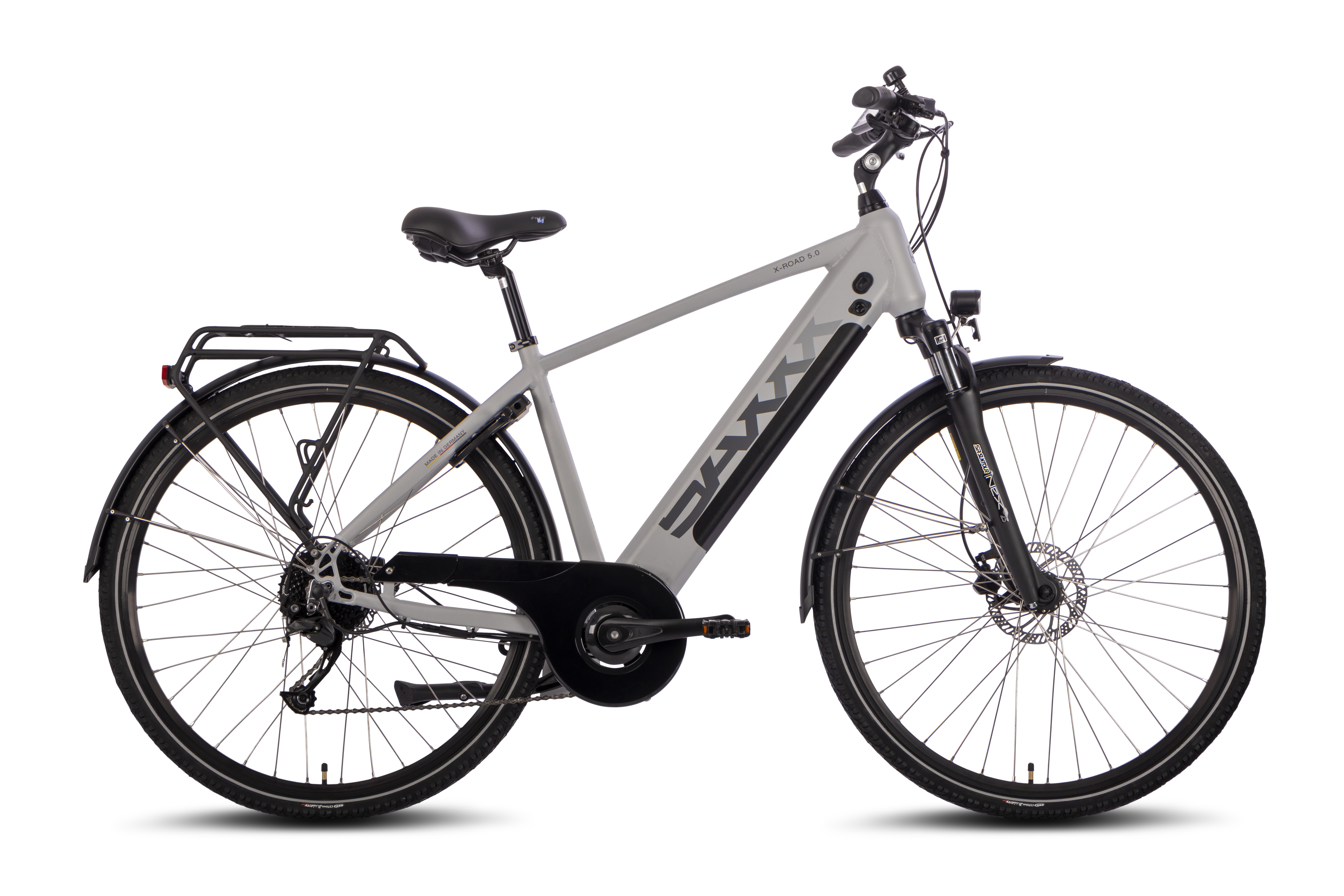 SAXXX X-Road 5.0 E-Trekkingbike Scheibenbremsen Federgabel Hinterradmotor 9 Gang Kettenschaltung Diamant silber matt
