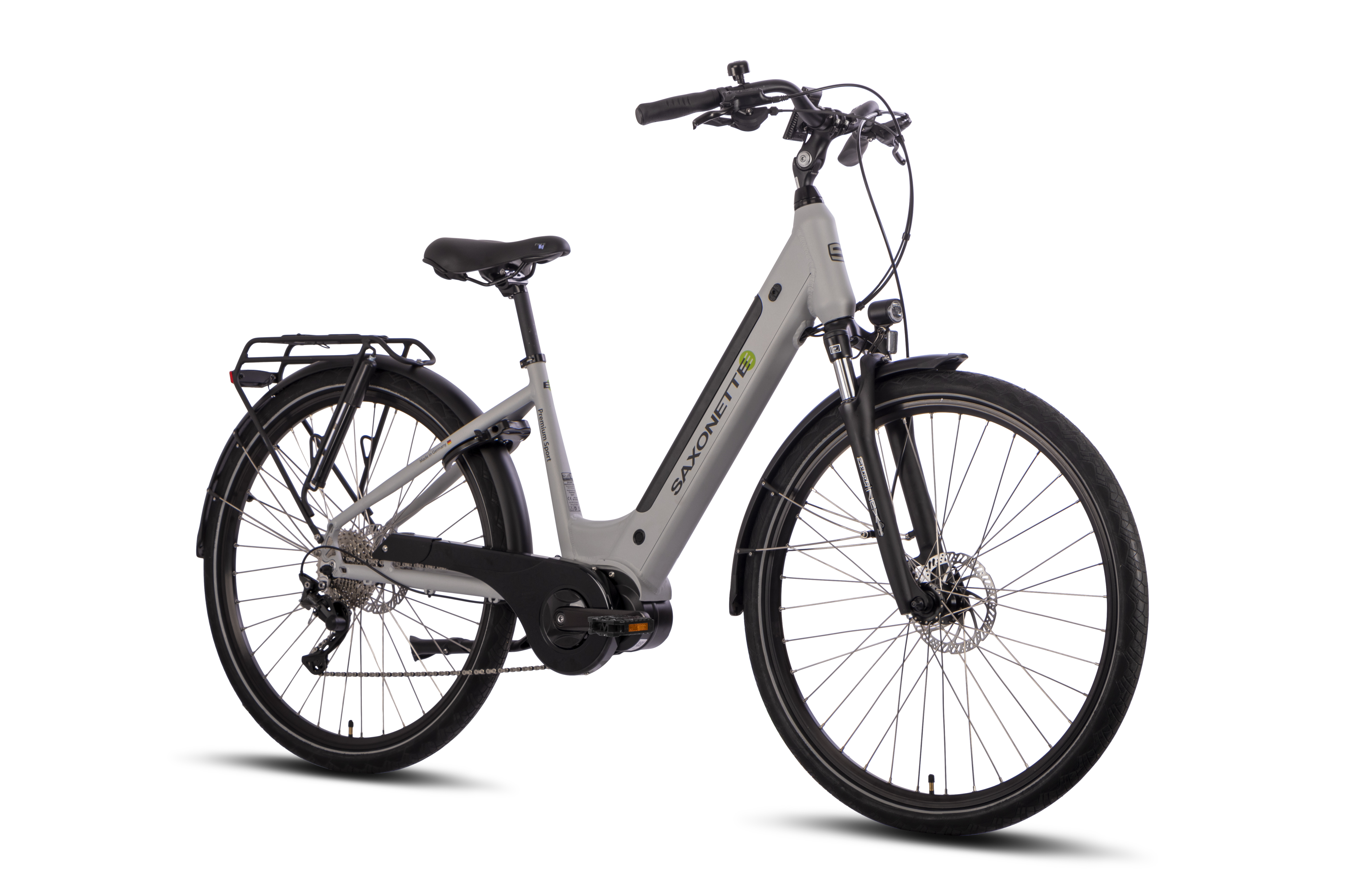 SAXONETTE Premium Sport E-Citybike Scheibenbremsen Federgabel Mittelmotor 10 Gang B-Ware neuwertig Wave silber matt