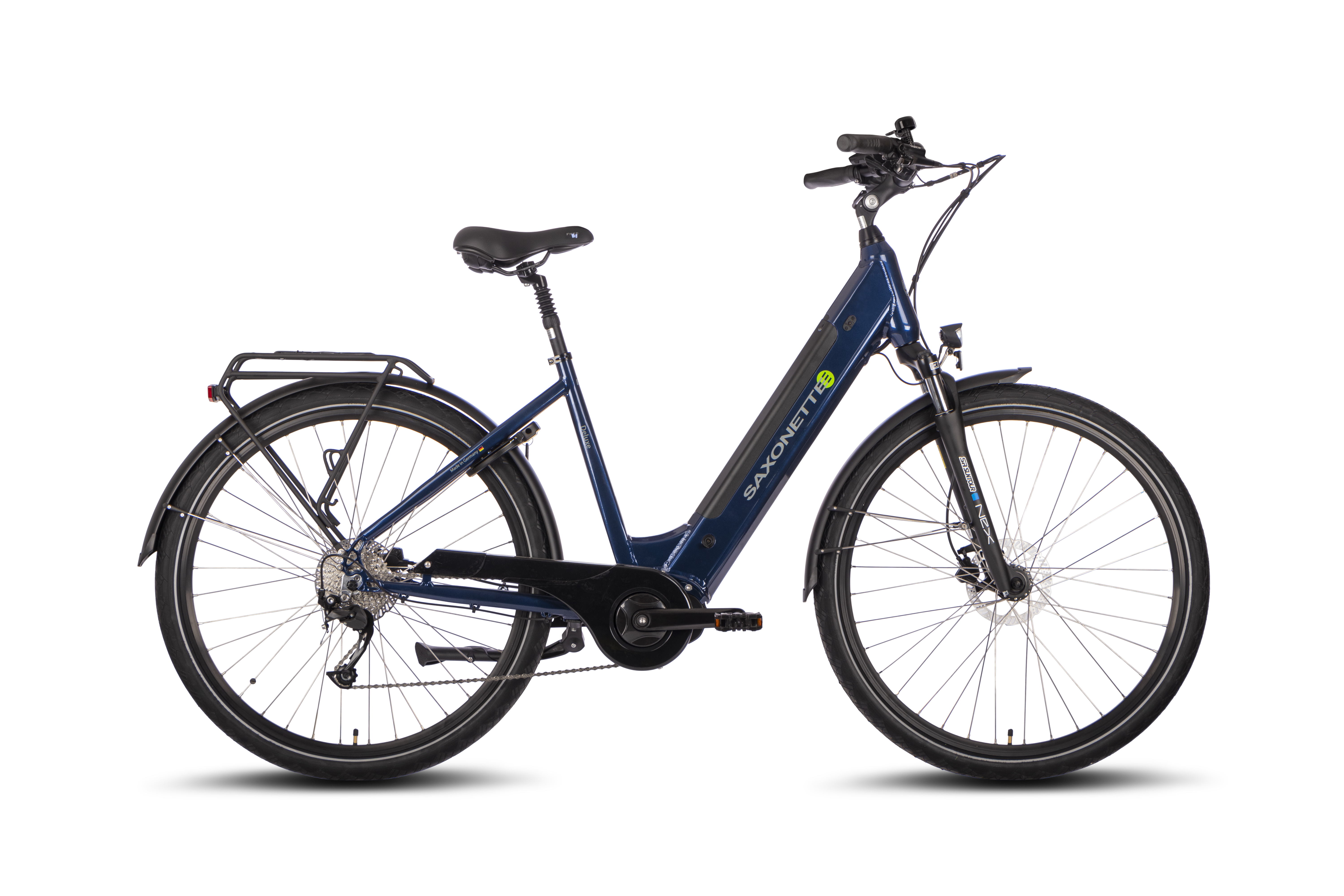 SAXONETTE Deluxe Sport E-Citybike Scheibenbremse 9 Gang Federgabel B-Ware neuwertig Wave nightblue glänzend